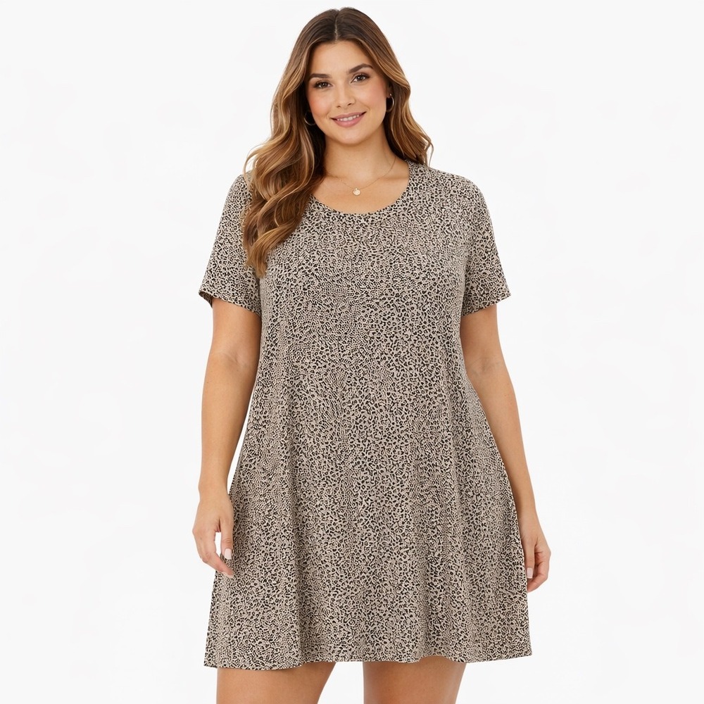 Premise Dresses Womens Large Leopard Print Short Sleeve T-Shirt Dress Tan Black